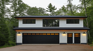 Peaceful forest home with a large garage, immersed in verdant woods.