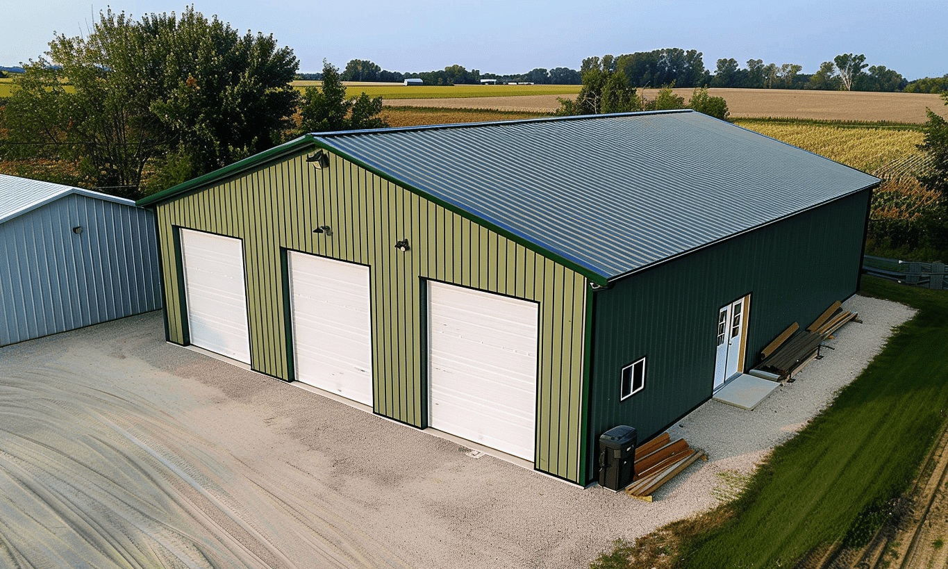 Bird's eye view of a two-bedroom metallic garage with a bathroom