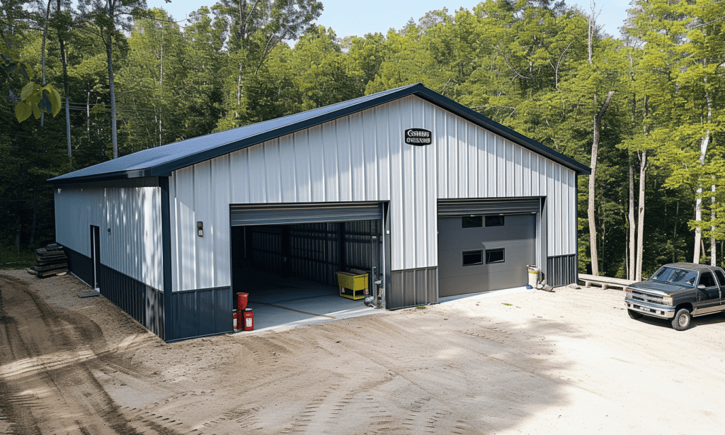 Aerial view displaying two gleaming metallic garage bays.