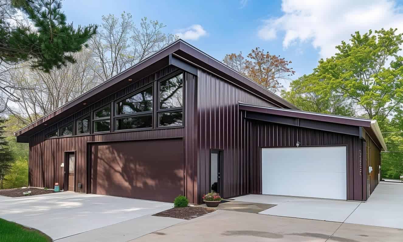Strong metal structure featuring a prominent front garage and entrance door