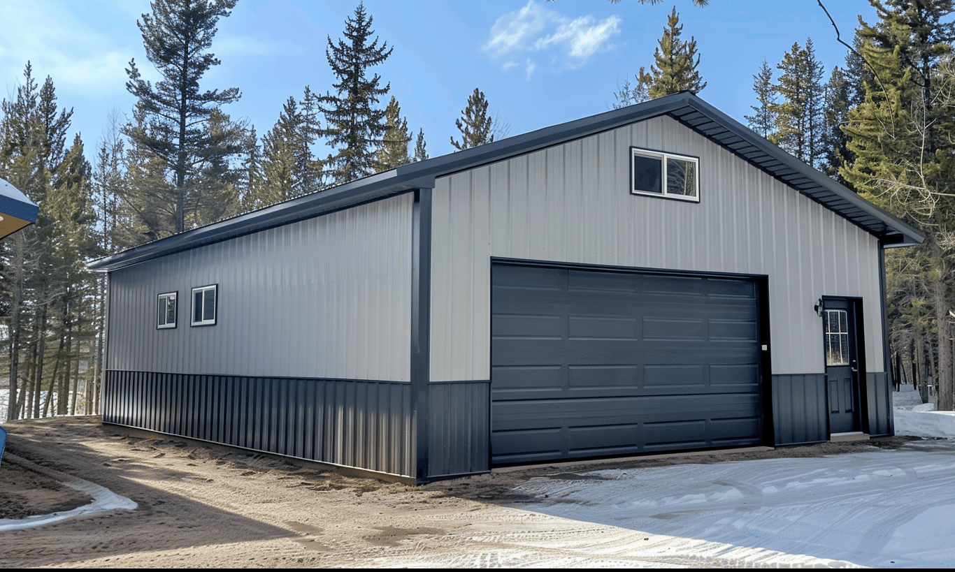 An off-white and dark grey steel building in Alberta, showcasing both function and design.