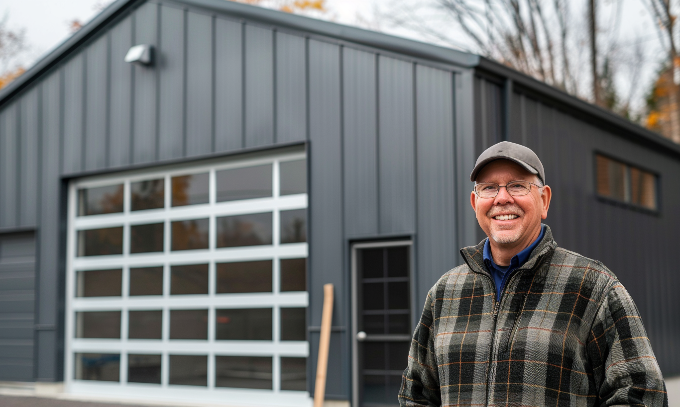 Proud Ontario resident's new steel garage kits home in a suburban neighborhood.