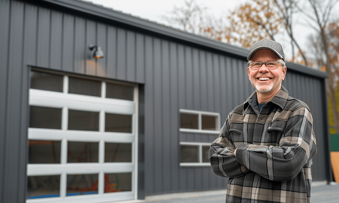 A proud senior citizen with his vintage car in front of a steel garage