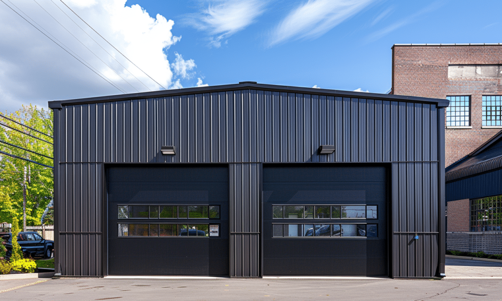 Durable and stylish steel garage kit displayed in a residential setting in Manitoba