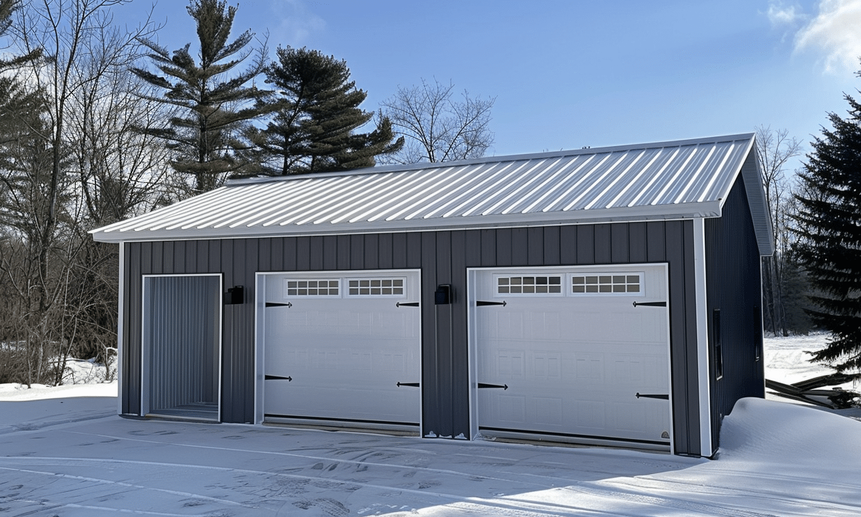 Two-car garage with white steel roof in Alberta, showcasing the diverse use of 30x64 spaces.