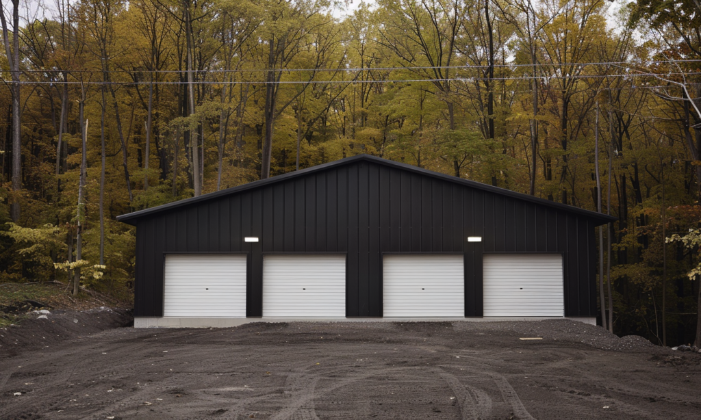 Garage with white doors in Ontario, residential exterior design in neutral color, home improvement with curb appeal.
