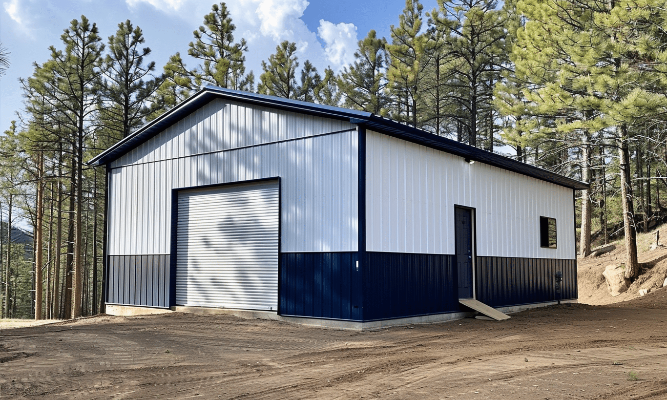 An elegant white and navy blue metal building in Alberta